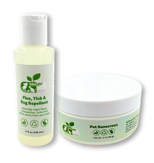 ReNewedPet outdoor safety kit with pet sunscreen and flea, tick, bug repellent in 1oz and 2oz bottles, for pet grooming outdoors