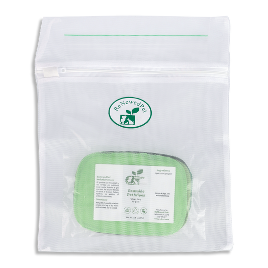Reusable pet wipes by ReNewedPet for all pets, soft and durable grooming wipes shown in the image.