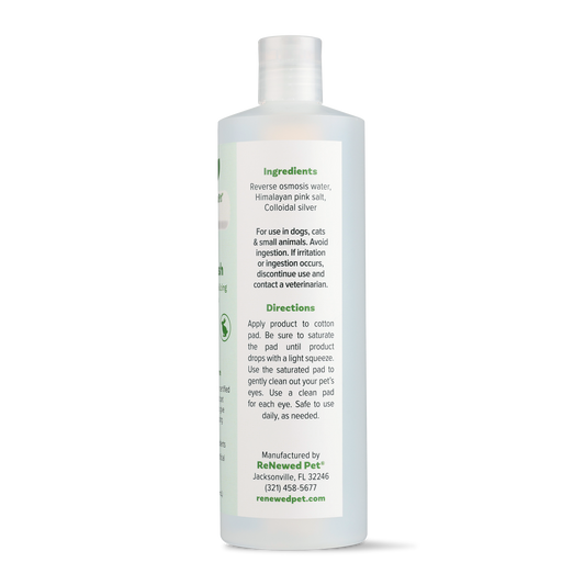 ReNewedPet 4-All Pets Eyewash for gentle pet eye cleaning, shown in a bottle with a clear solution, suitable for all pet types.