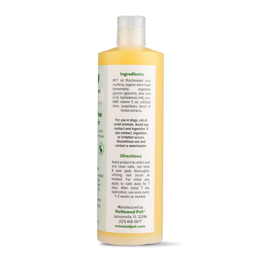 ReNewedPet 4-ALL Pets Nail and Paw Cleaner for pet grooming, showing the small and large bottles with cleaning brushes.