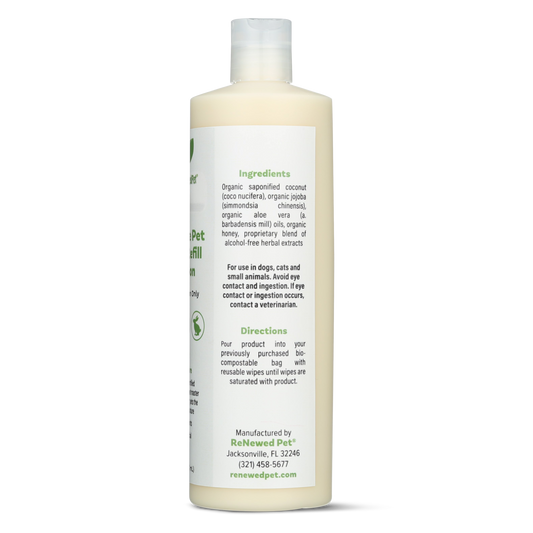 ReNewedPet reusable pet wipes solution in a bottle, designed for pet grooming and cleaning all pets effectively.