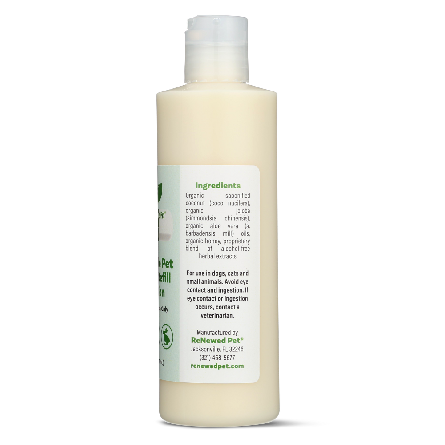 ReNewedPet reusable pet wipes solution for grooming, featuring a bottle of 8 oz and 2.61 oz sizes for all pet types.