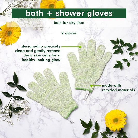 Pair of ReNewedPet exfoliating bath gloves for pet grooming, soft and durable for gentle, effective cleaning.