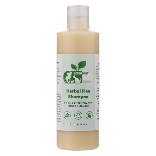 ReNewedPet Herbal Flea Shampoo for pets, 8 oz bottle, natural pet health grooming product with herbal ingredients.