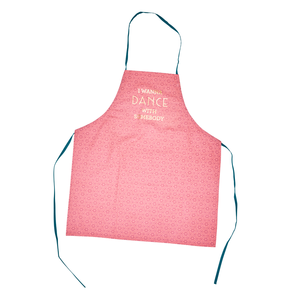 Pink cotton apron with a vibrant Marrakesh print from Rice By Rice, featuring a stylish and functional kitchen accessory.