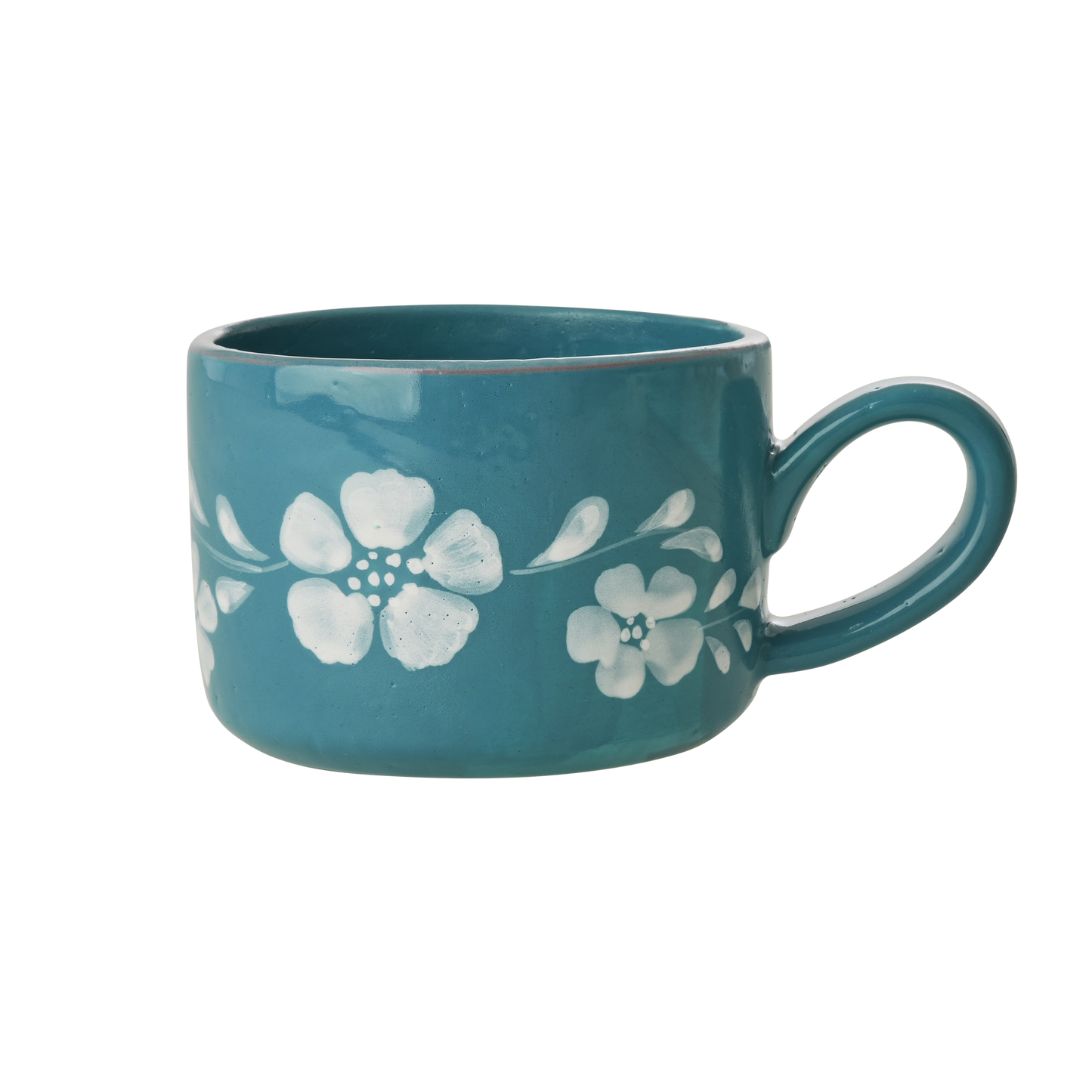 Ceramic cappuccino cup with hand-painted white flowers vine design, 6.7 oz, from Rice By Rice, featuring detailed floral artwork.