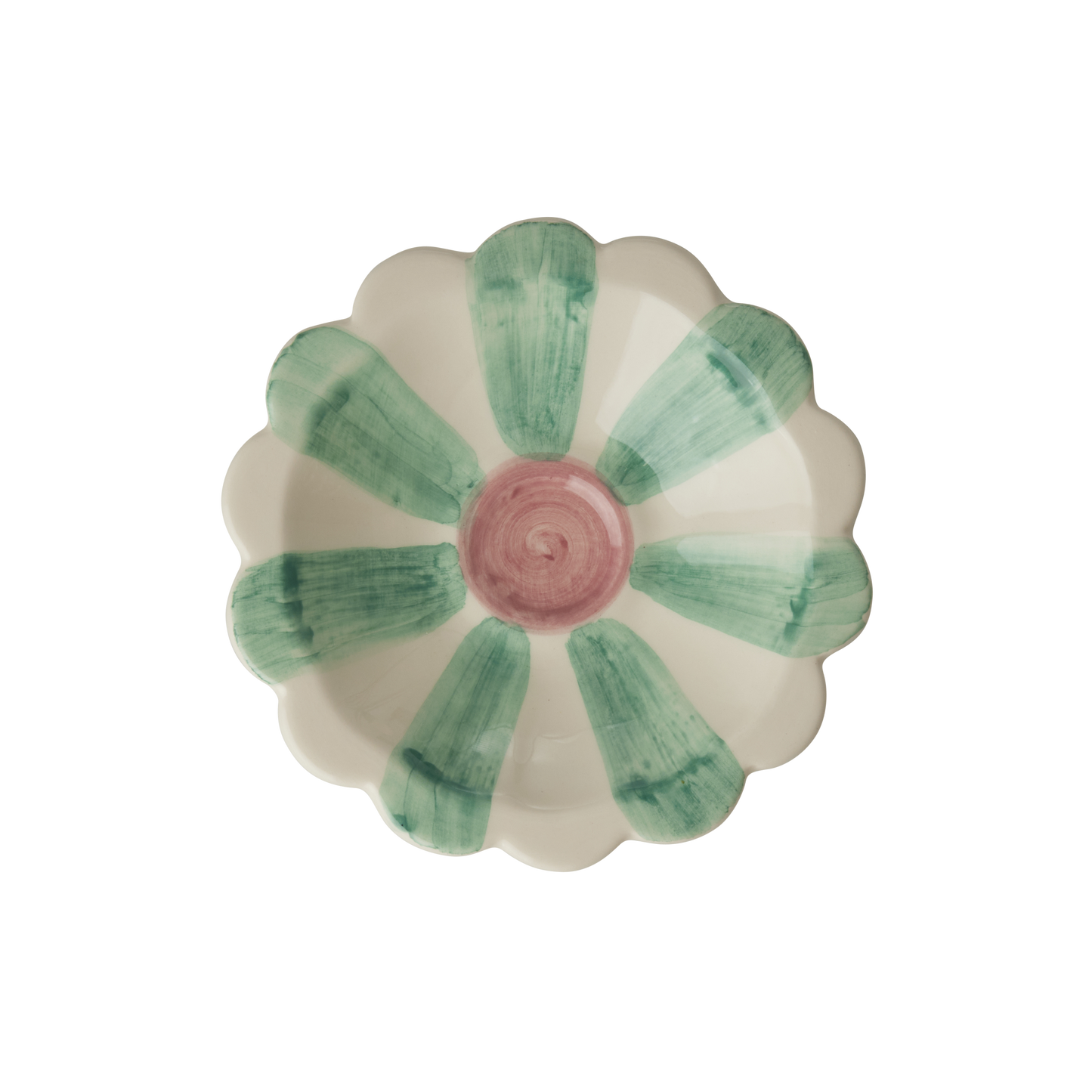 Ceramic flower dipping bowl by Rice, featuring soft green hand-painted stripes and a delicate floral design on a white background.