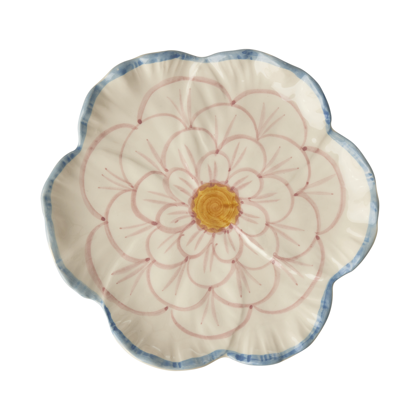 Ceramic flower-shaped side plate with blue border from Rice By Rice, featuring a floral design and elegant ceramic finish.