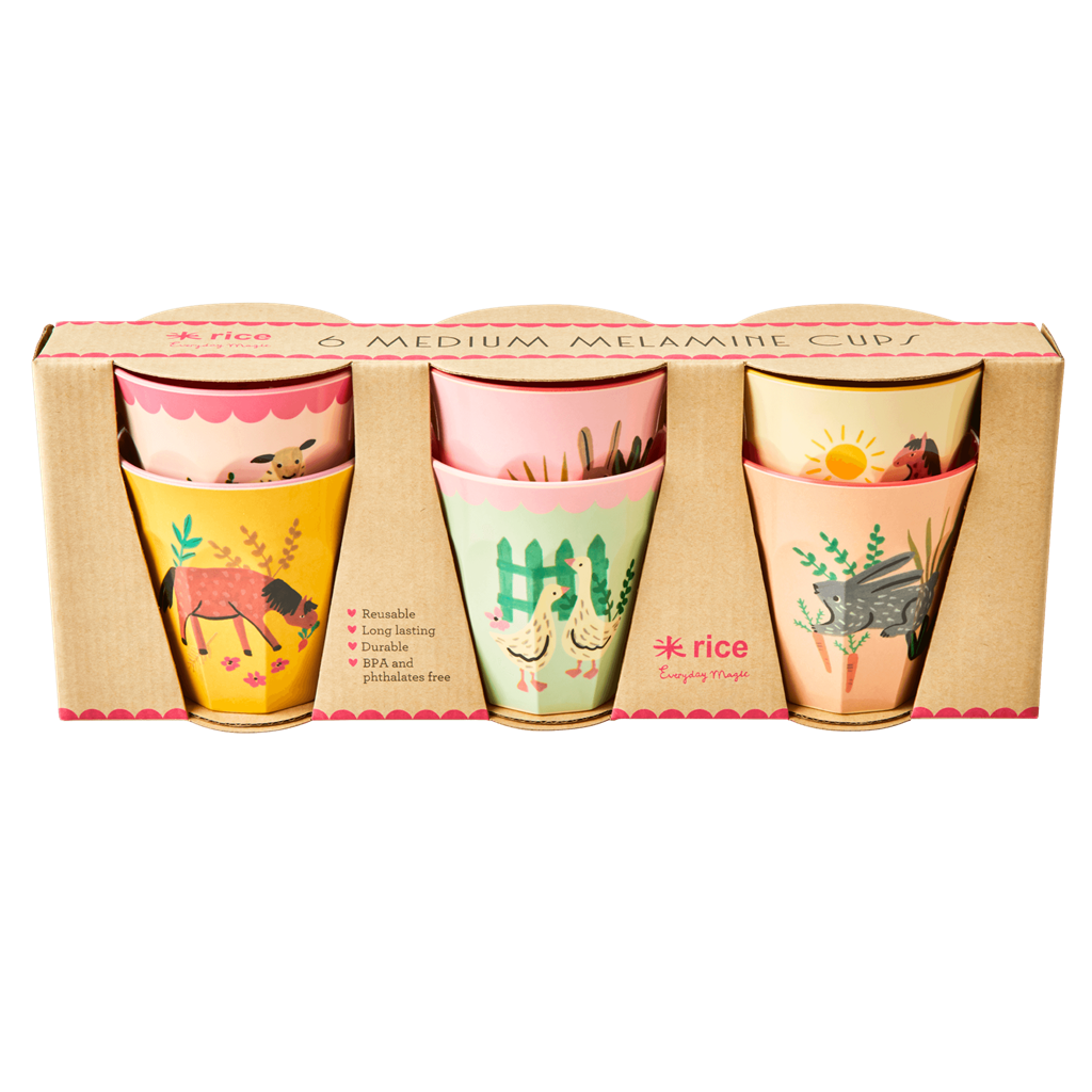 Melamine Kids Cups in Pink Farm Prints - Medium - 6 pcs. in Gift Box - Blessings Grow Meadows -