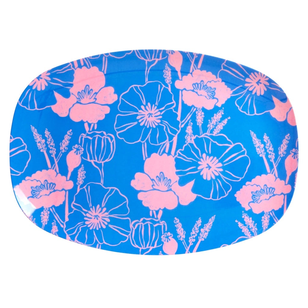 Medium blue melamine rectangular plate featuring Poppies Love print, ideal for tableware by Rice By Rice.