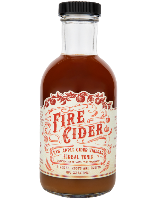 16 oz bottle of Fire Cider by Roots and Leaves LLC, featuring a dark glass bottle with a colorful label.