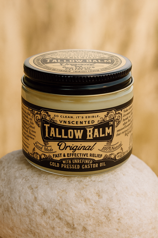 Beef tallow balm jar from Roots and Leaves LLC, unscented with organic castor oil, showing a natural, creamy balm inside.