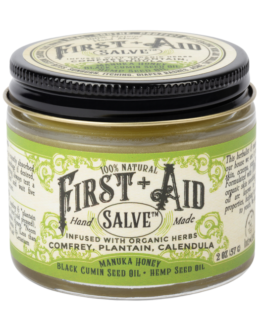 Roots and Leaves LLC First Aid Salve for body care, natural remedy with herbal ingredients in a convenient jar.