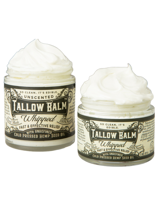 Whipped Tallow Balm body cream with hemp seed oil from Roots and Leaves LLC, smooth, nourishing lotion in a 2 oz jar.