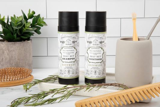 Roots and Leaves LLC natural Soapnut shampoo and conditioner set with rosemary and wild fermented probiotics for healthy scalp.