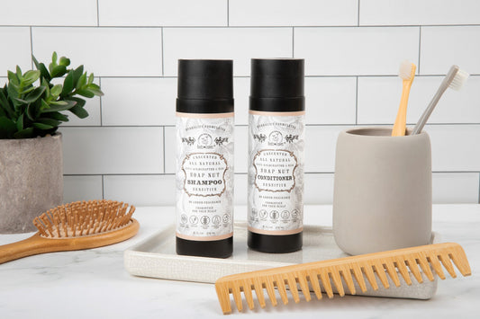 All-natural soapnut shampoo and conditioner set by Roots and Leaves LLC, unscented with wild fermented probiotics for healthy scalp.