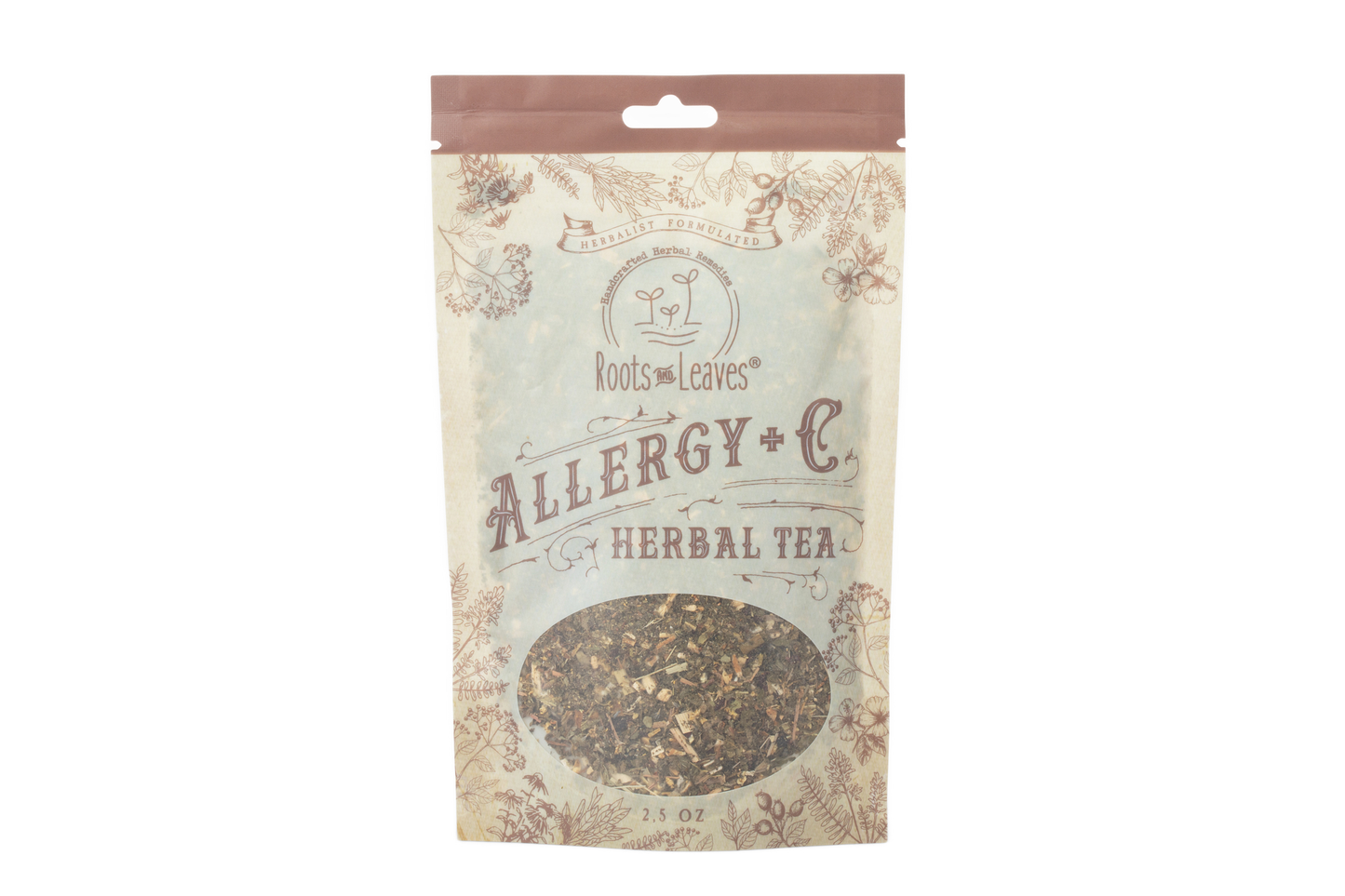 Herbal tea box labeled Allergy +C by Roots and Leaves LLC, featuring a colorful design and fresh herbal ingredients.