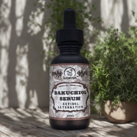 Roots and Leaves LLC Bakuchiol Serum bottle, all-natural retinol alternative skincare product with dropper applicator.
