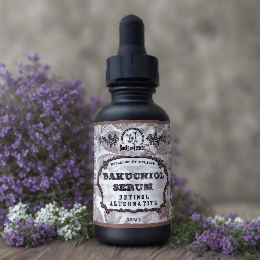 Bottle of Roots and Leaves LLC Bakuchiol Serum, all-natural retinol alternative for skin care, with dropper applicator and clear label.