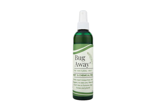Organic Bug Away Spray by Roots and Leaves LLC, natural insect repellent in a spray bottle for outdoor use.