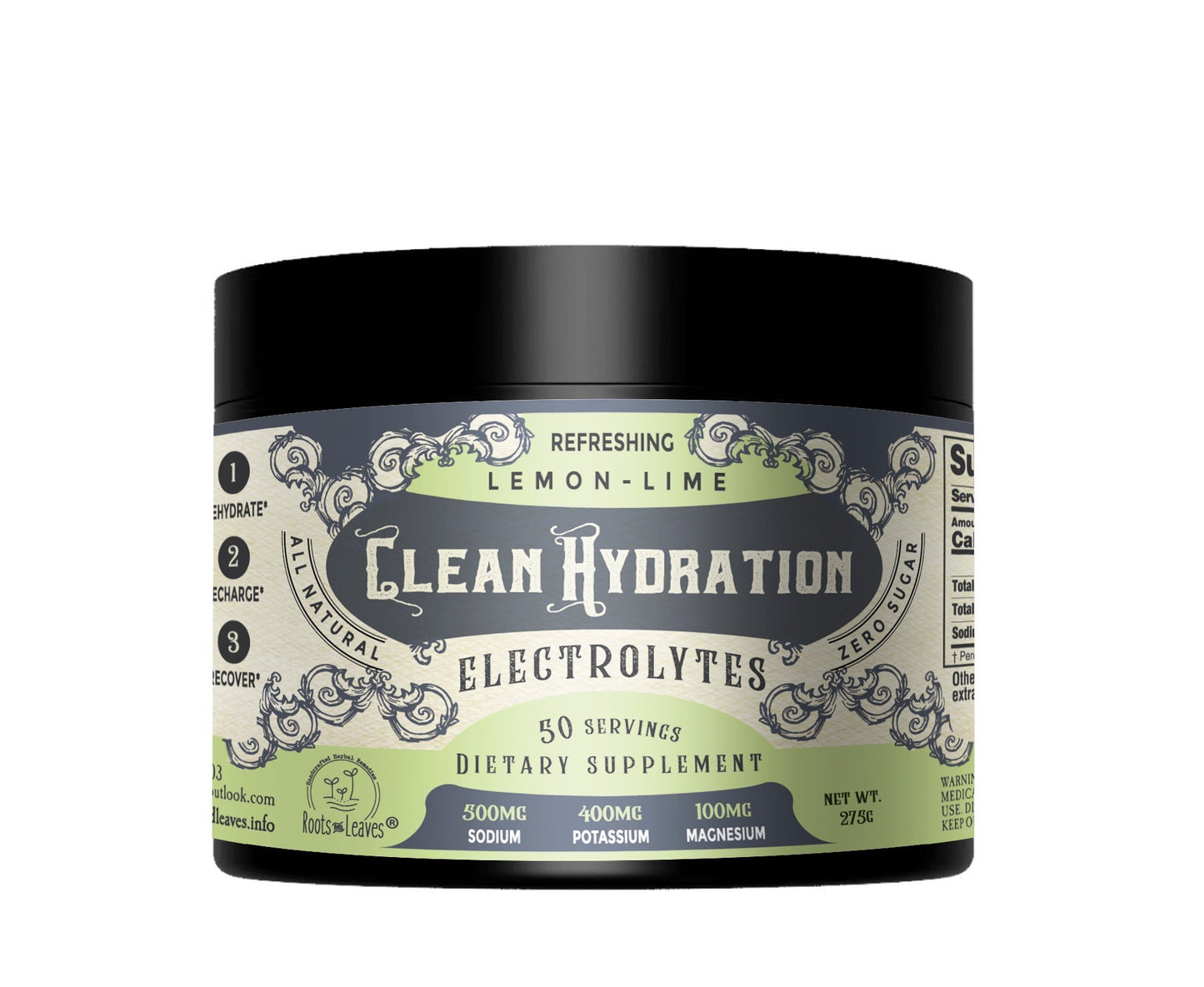 Clean Hydration Lemon Lime electrolyte drink by Roots and Leaves LLC, showing a refreshing lemon-lime flavored beverage.
