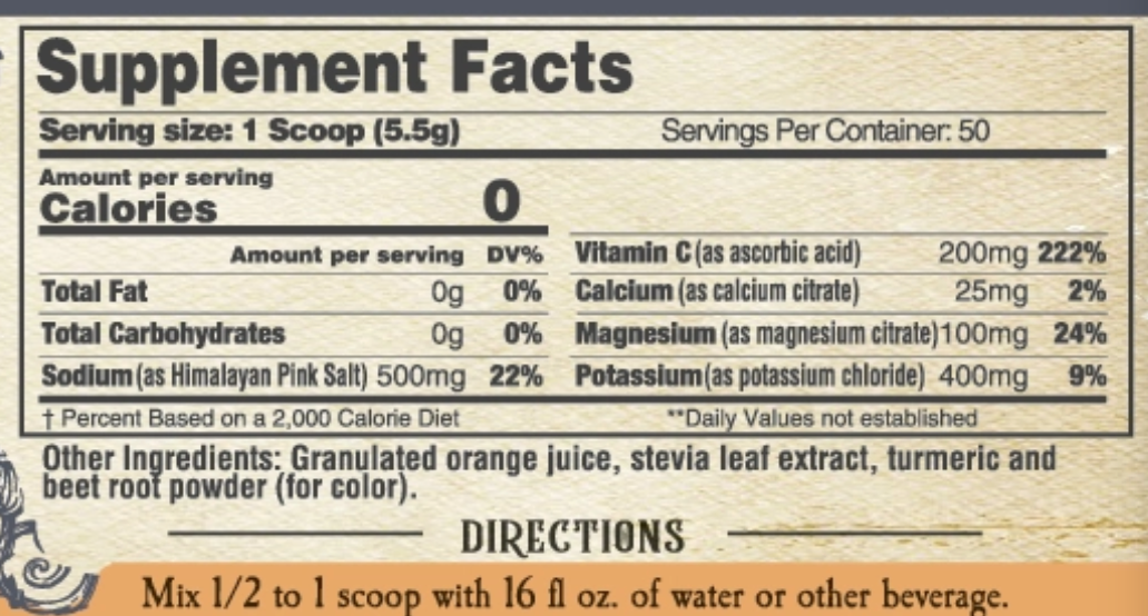 Clean Hydration Orange electrolyte drink by Roots and Leaves LLC, featuring fresh orange flavor and hydration ingredients.