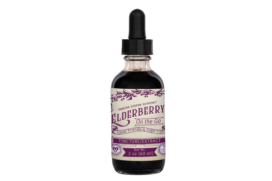 Elderberry glycerin extract tincture in a glass dropper bottle, natural herbal supplement by Roots and Leaves LLC