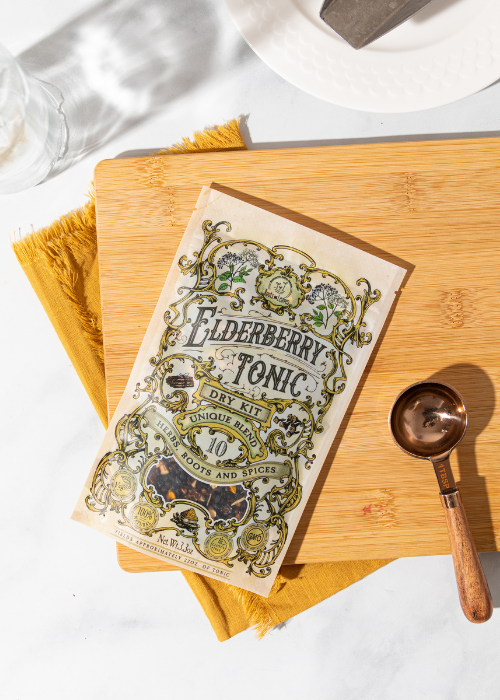 Elderberry Tonic DIY Dry Kit by Roots and Leaves LLC with dried elderberries, herbs, and ingredients for making tonic at home.