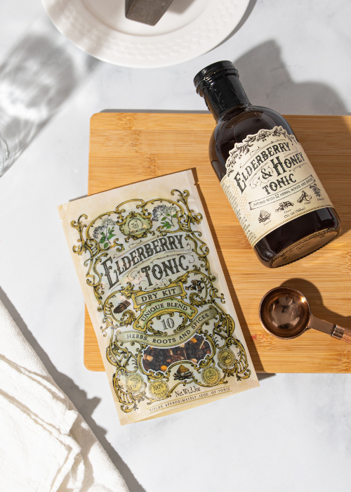 Elderberry Tonic DIY Dry Kit by Roots and Leaves LLC, including dried elderberries and ingredients for making herbal tonic.