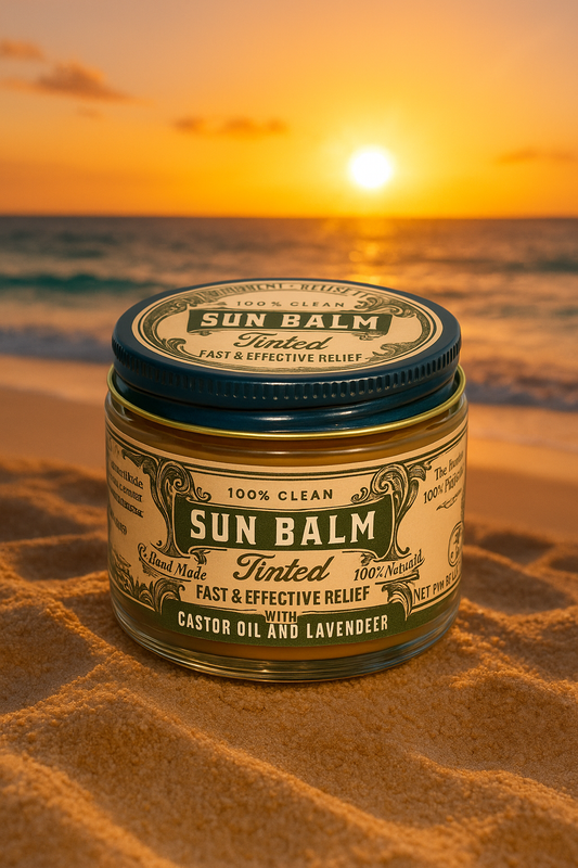 Tinted lavender sun balm in a small jar, Roots and Leaves LLC, nourishing tallow-based sunscreen with a lavender tint.