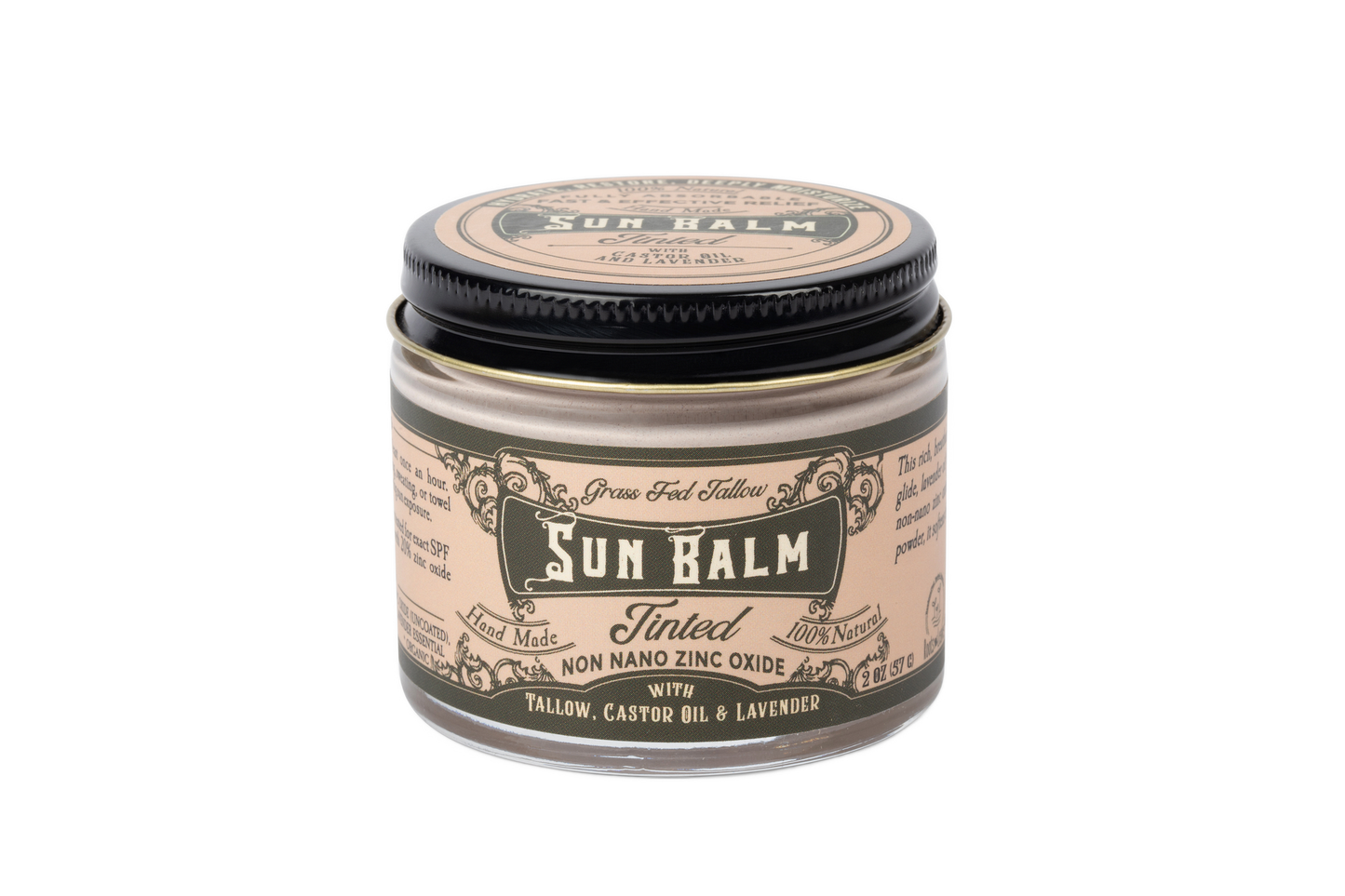 Tinted lavender sun balm by Roots and Leaves LLC with tallow, shown in a small jar with lavender flowers for natural skincare.