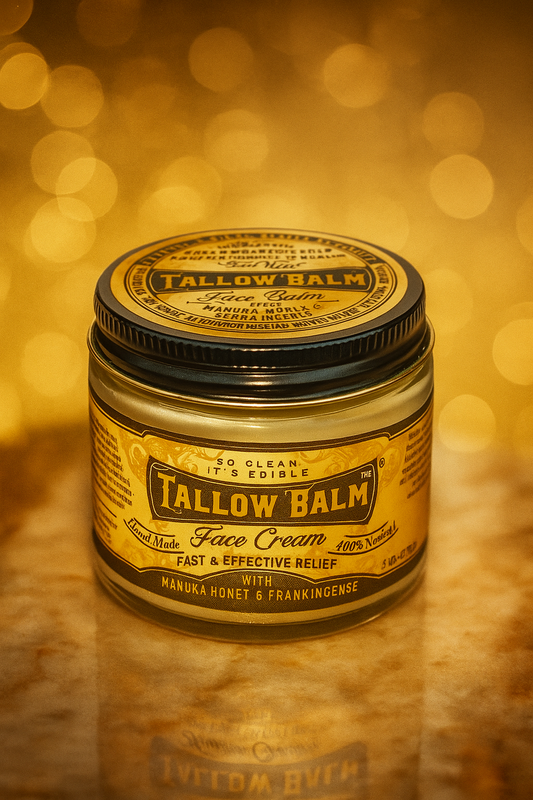 Tallow face cream with Manuka honey and castor oil from Roots and Leaves LLC, showing the creamy jar with natural ingredients.