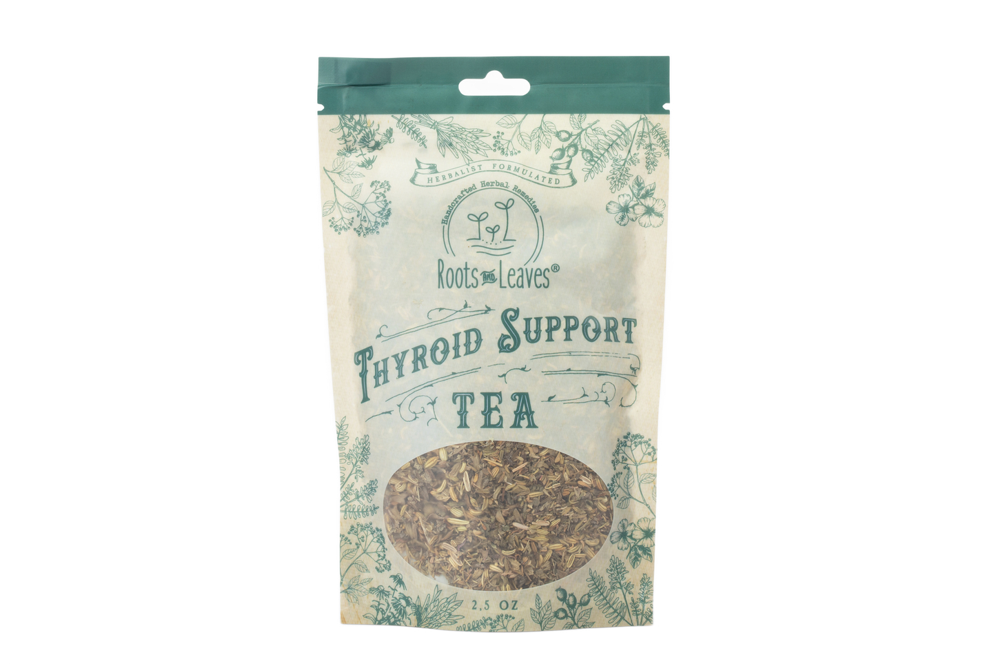 Herbal thyroid support tea in a clear glass cup with tea leaves, promoting natural wellness by Roots and Leaves LLC.