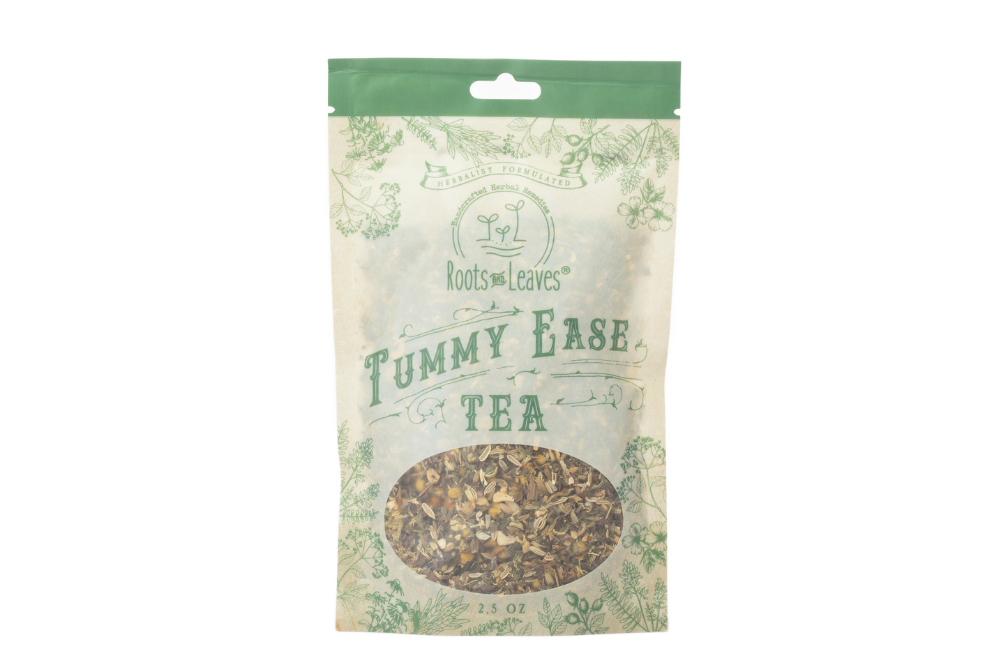 A cup of Tummy Ease Tea from Roots and Leaves LLC with fresh herbs and lemon slices on a rustic wooden table.
