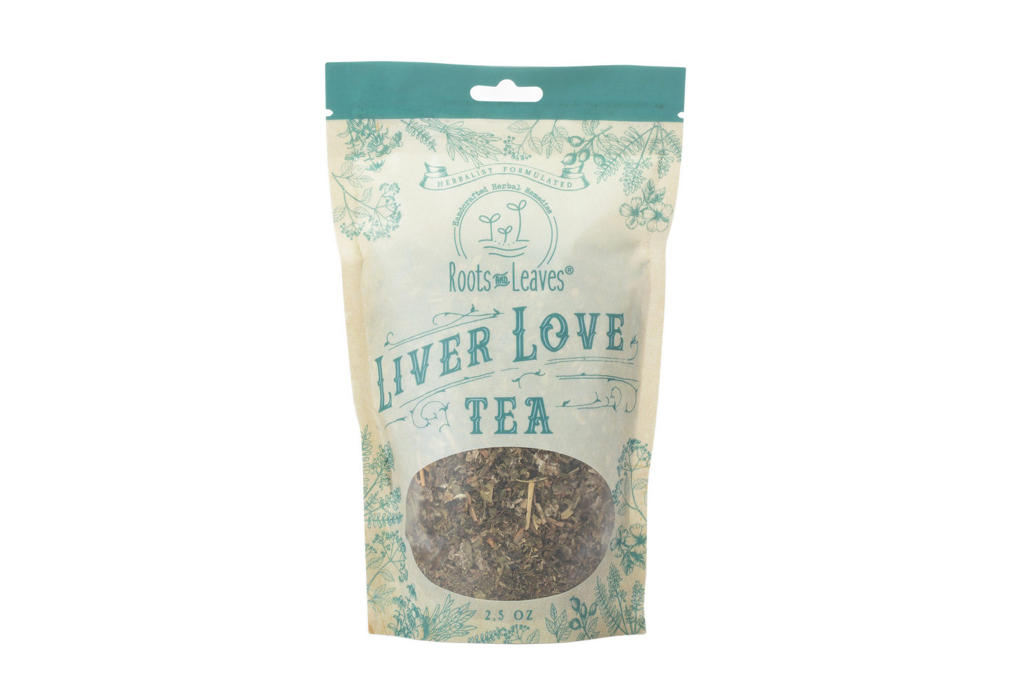 Herbal Liver Love Tea by Roots and Leaves LLC in a glass mug with dried herbs and tea leaves, brewed and ready to enjoy.