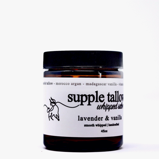 Roots Apothecary lavender vanilla supple tallow salve in a 2oz jar, showing the creamy texture and soothing herbal ingredients.