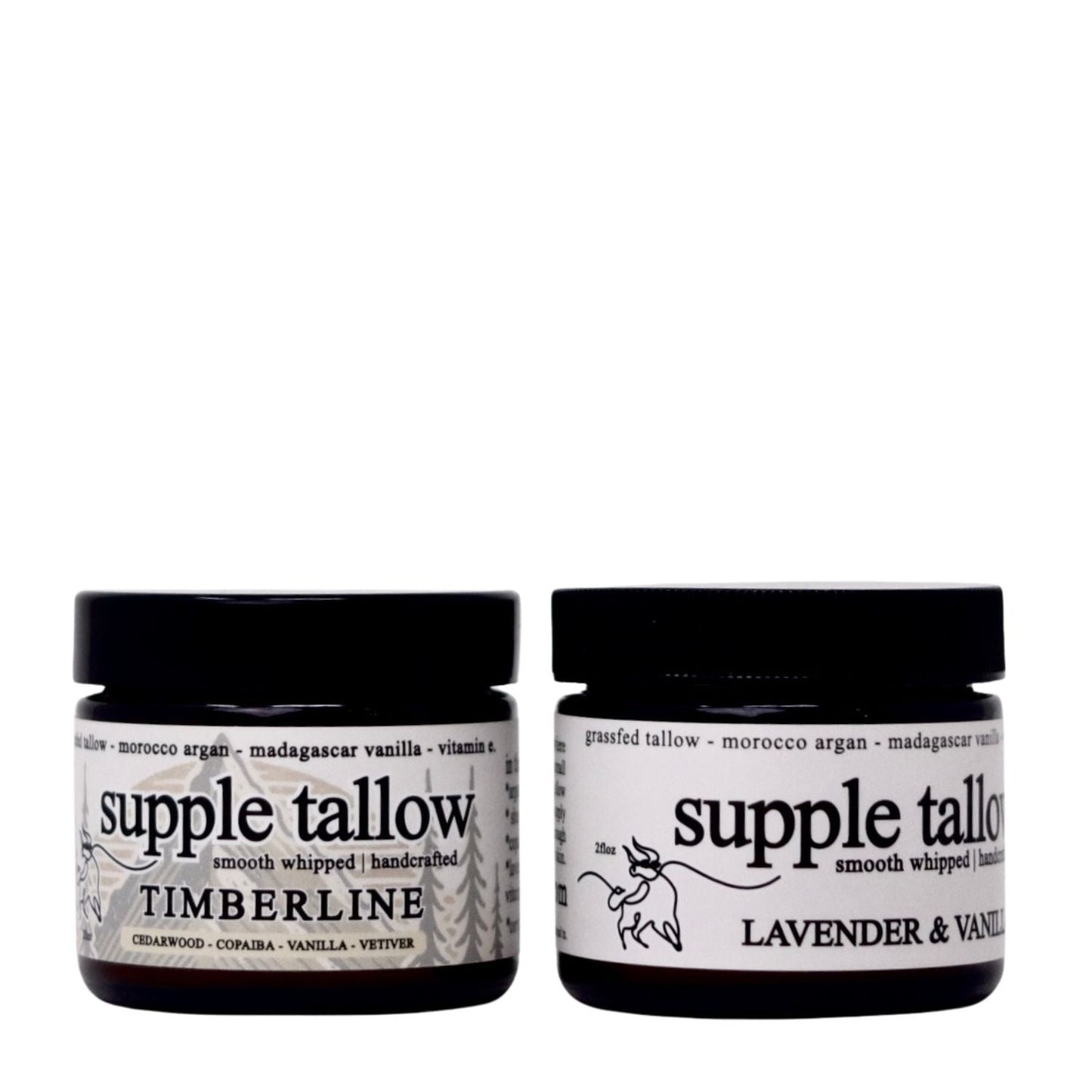 Lavender vanilla Roots Apothecary Supple Tallow Salve in 2oz jar, showcasing the creamy texture and herbal ingredients.