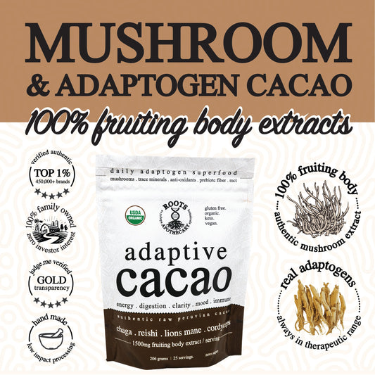 Roots Apothecary Adaptive Cacao superfood in a jar, featuring 30 servings of performance-enhancing cacao powder.