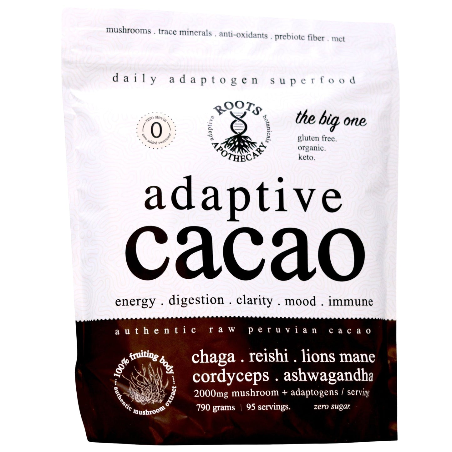 Roots Apothecary Adaptive Cacao Superfood in a jar, featuring 30 servings of performance-enhancing cacao powder.