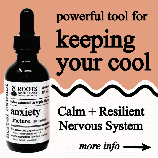 Roots Apothecary anxiety tincture bottle with dropper, featuring natural herbal ingredients in a glass container.