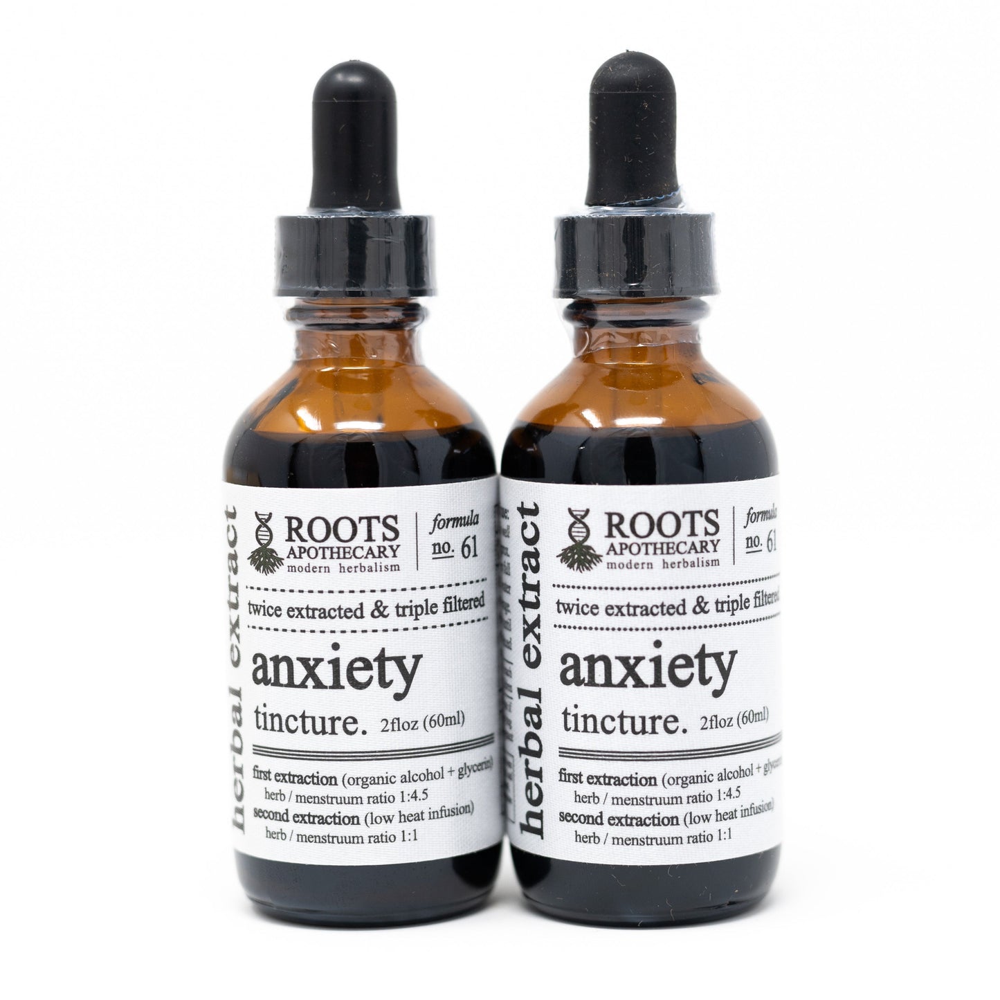 Roots Apothecary anxiety tincture bottle, herbal tincture for stress relief, with dropper and label visible.