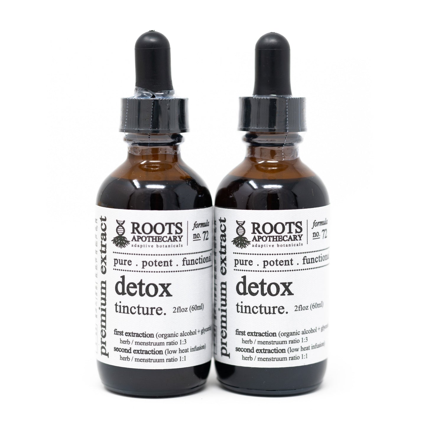Roots Apothecary detox tincture in a glass dropper bottle, showcasing herbal ingredients and natural packaging.