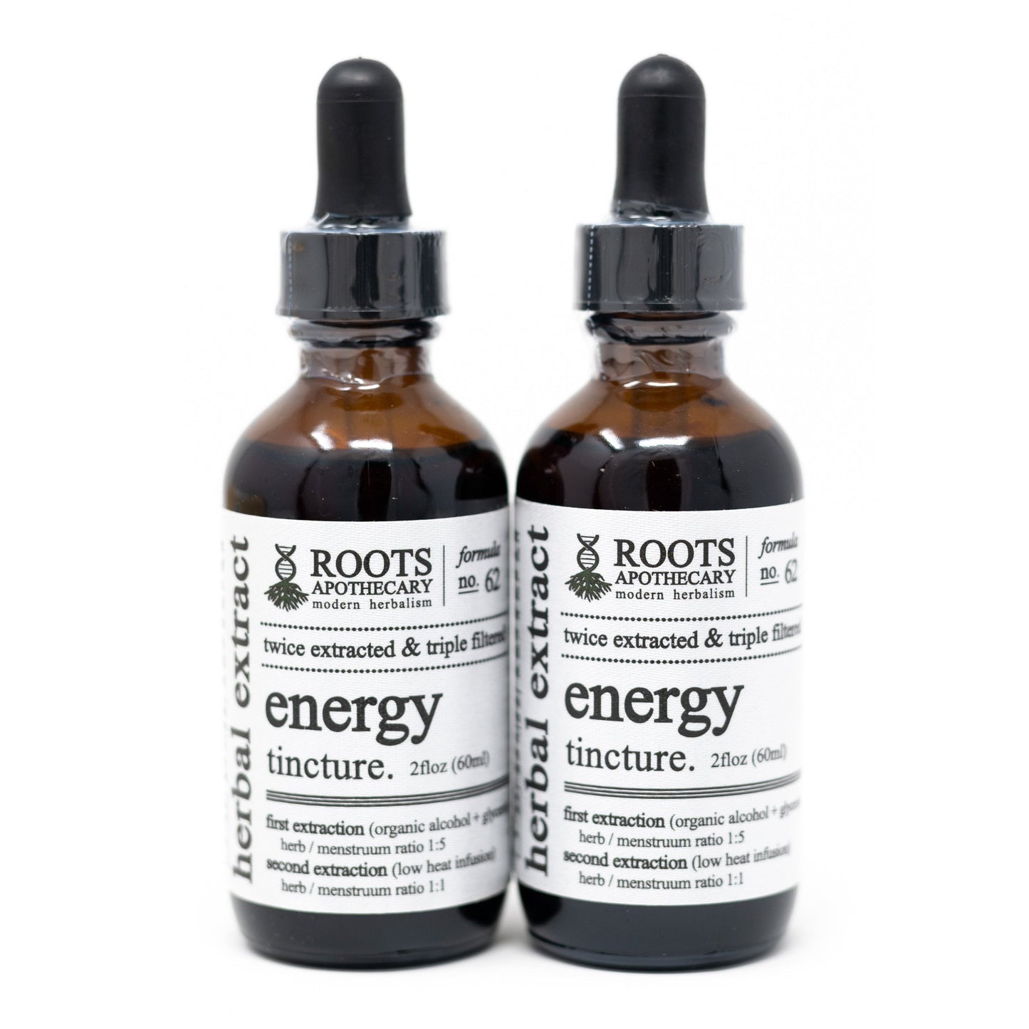 Roots Apothecary energy tincture bottle with dropper, featuring herbal ingredients for natural energy boost.