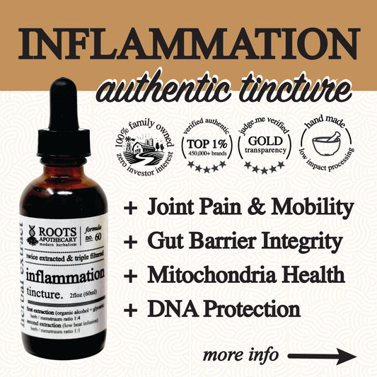 Roots Apothecary inflammation tincture in a glass dropper bottle, herbal tincture for inflammation relief.