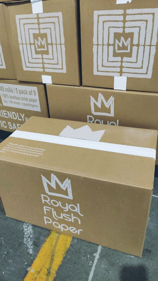 Royal Flush Paper premium bamboo toilet paper, 45-roll box with 5 packs of 9, eco-friendly bathroom tissue in natural bamboo fibers.