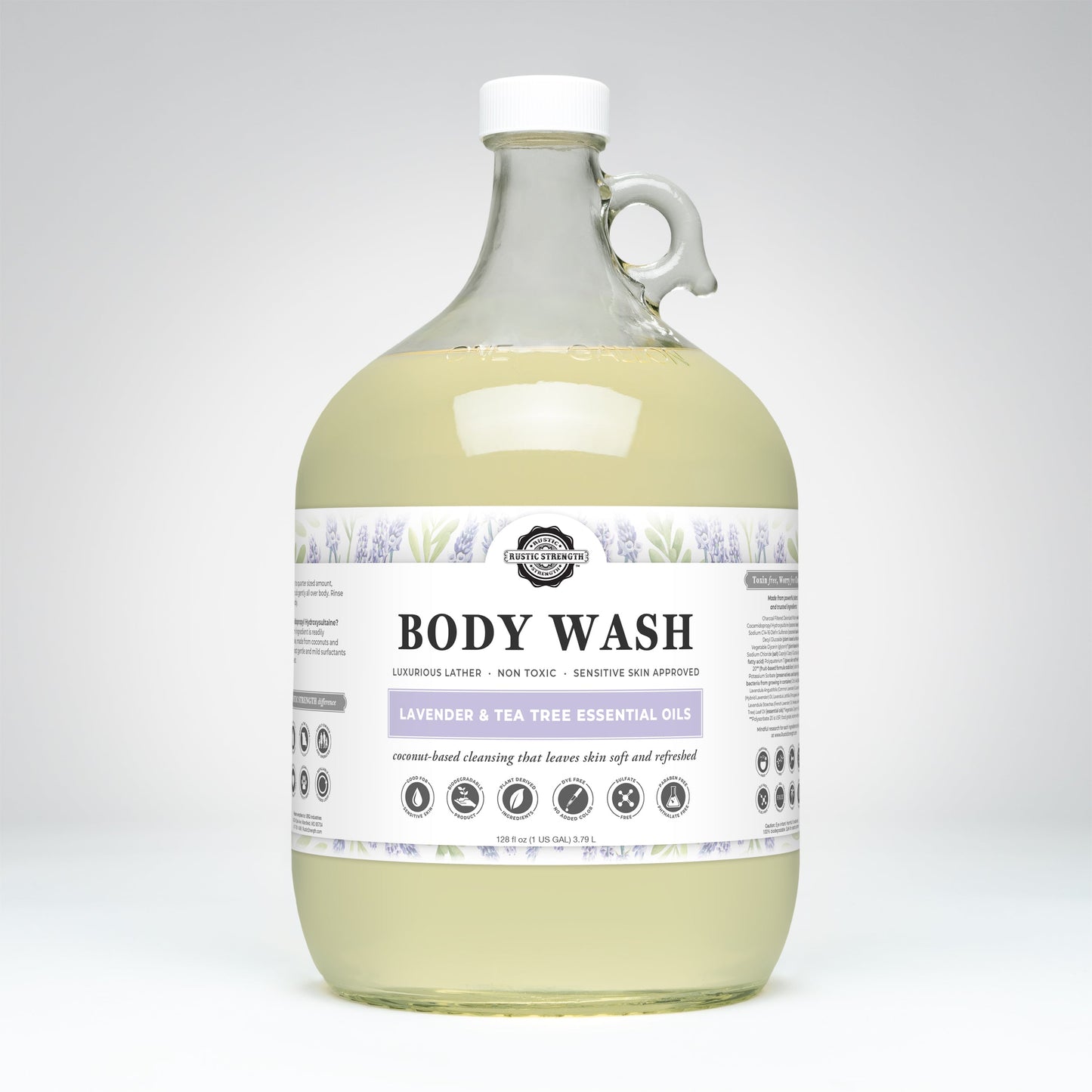 Rustic Strength moisturizing body wash with lavender and tea tree, showing a 16 oz bottle of bath and body product.