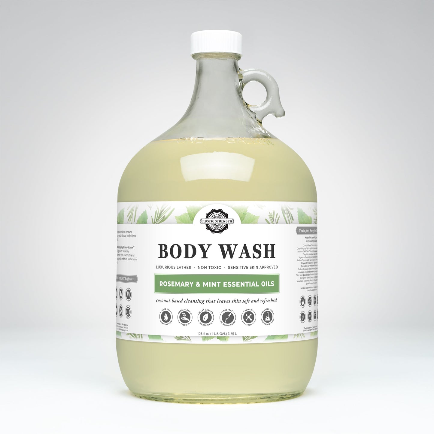 Rustic Strength Rosemary & Mint Moisturizing Body Wash in a 16 oz bottle, showing the bath and body product with fresh botanical ingredients.