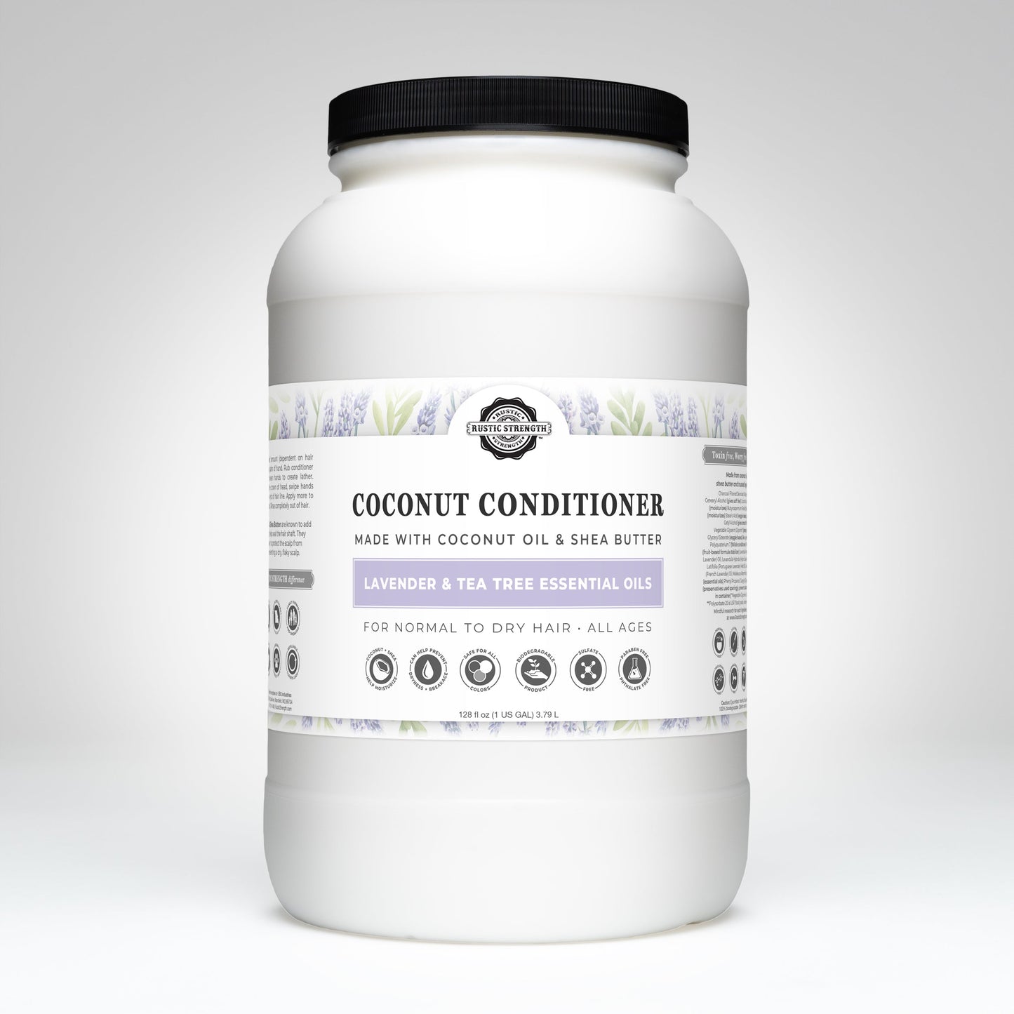 Rustic Strength Coconut Conditioner with lavender and tea tree, 16 oz bottle, moisturizing hair treatment with natural botanical ingredients.