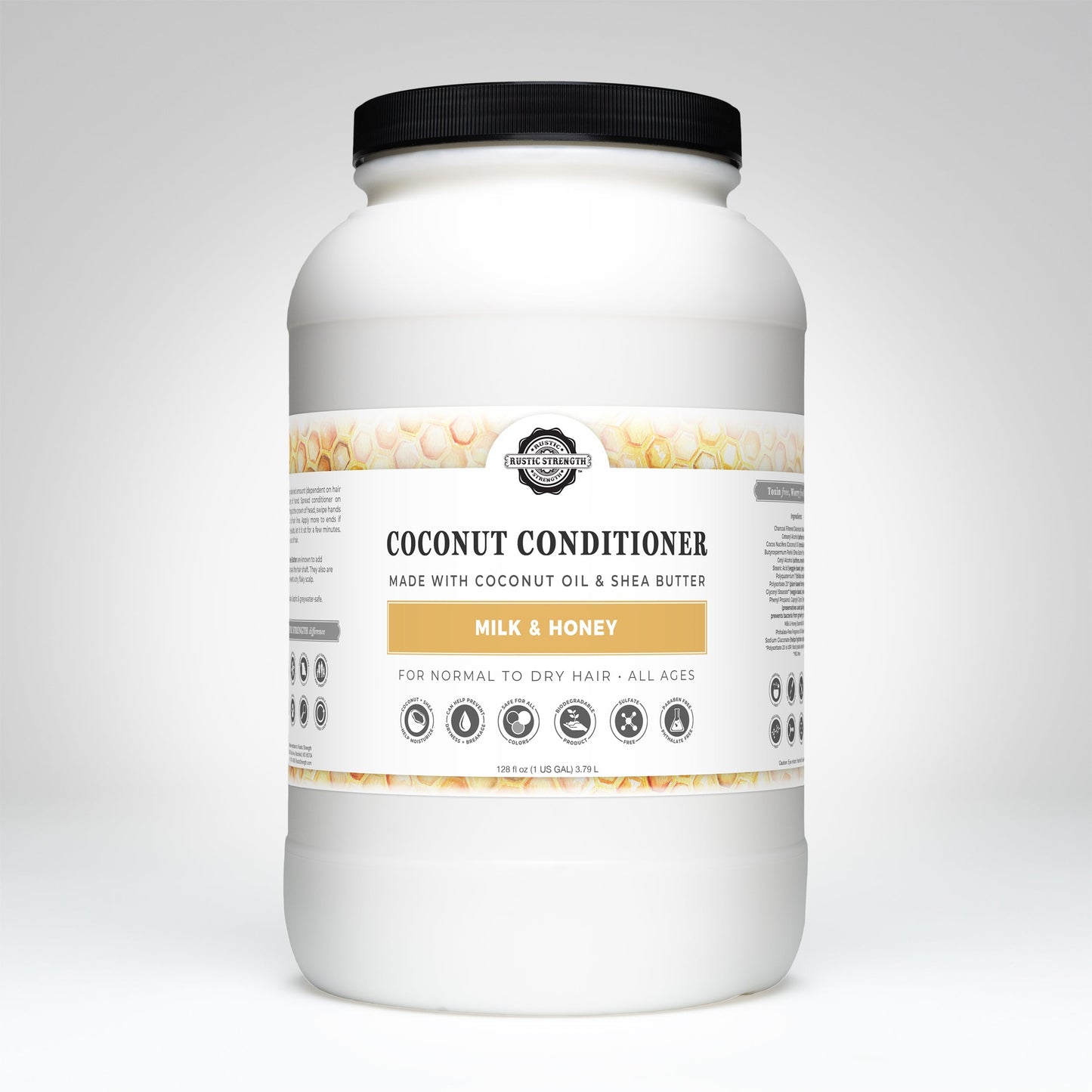 Rustic Strength Coconut Conditioner with Milk & Honey in a 16 oz bottle, showing the conditioner’s creamy texture and packaging.