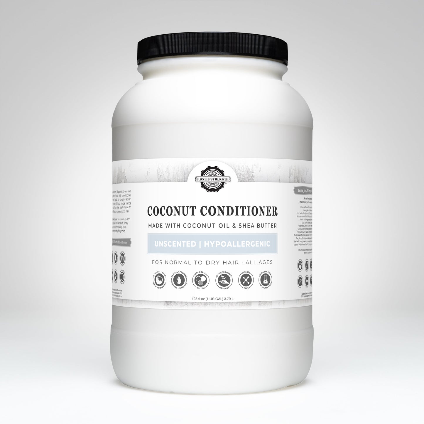 Rustic Strength Coconut Conditioner in a 16 oz bottle, unscented, showing the conditioner tube with label and cap.